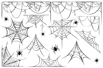 big vector set of cobwebs and hanging spiders silhouette isolated on white. line art of spider webs and spiders for halloween. Spooky halloween decoration element. decorative scary cobwebs collection