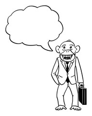 Vector cartoon character drawing conceptual illustration of monkey, ape or chimpanzee businessman in suit and briefcase. Monkey business concept.