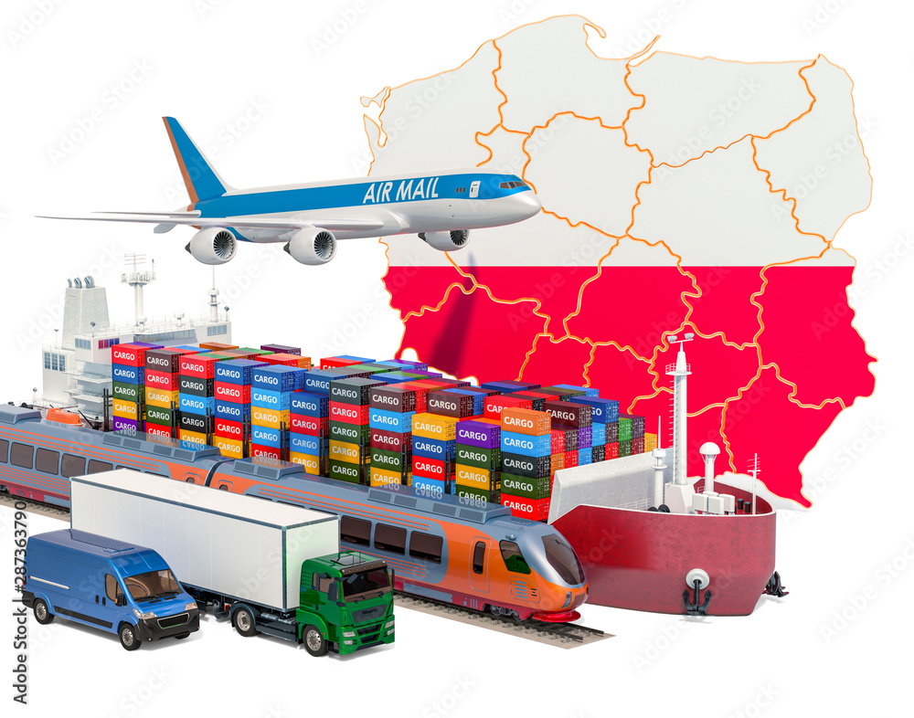 Wall mural Cargo shipping and freight transportation in Poland by ship, airplane, train, truck and van. 3D rendering