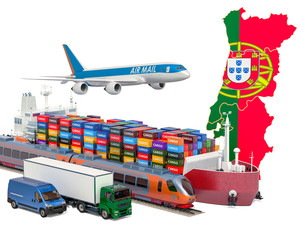 Obraz na płótnie Canvas Cargo shipping and freight transportation in Portugal by ship, airplane, train, truck and van. 3D rendering