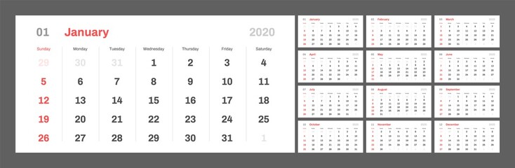 Wall quarterly calendar for 2020 year in clean minimal table simple style. Week Starts on Sunday. Ready for print.