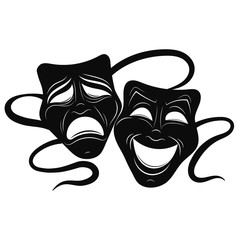 Theatre Masks. Drama and comedy. Illustration for the theater. Tragedy and comedy mask. Black white illustration. Tattoo. - obrazy, fototapety, plakaty