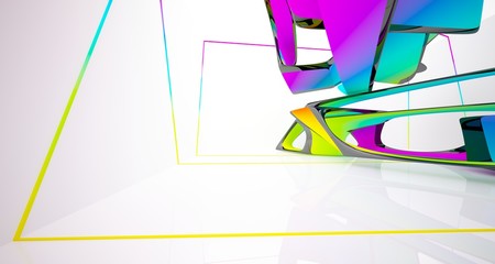 Abstract dynamic interior with black and colored gradient smooth objects. 3D illustration and rendering