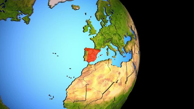 Closing in on Spain on political 3D globe with topography. 3D illustration.
