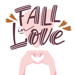 Fall in love banner, poster design with lettering and pair of human hands folding in shape of heart, vector illustration isolated on white background