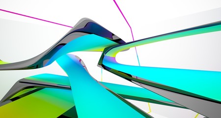 Abstract dynamic interior with black and colored gradient smooth objects. 3D illustration and rendering