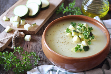 Zucchini vegretable cream soup, parsley dressing