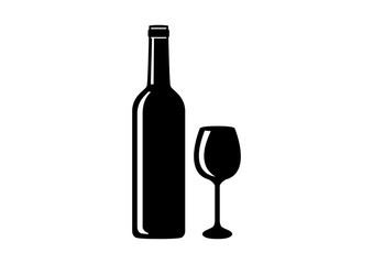 Silhouette bottle and glass of wine vector. Bottle of wine icon. Wine glass icon. Wine bottle and glass isolated on white background