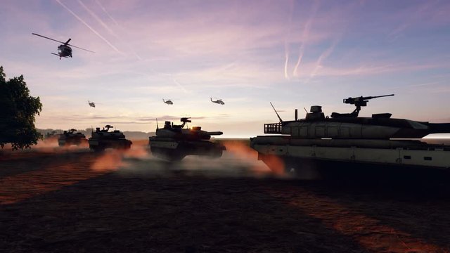 Military tanks and military helicopters move at sunset on the battlefield.