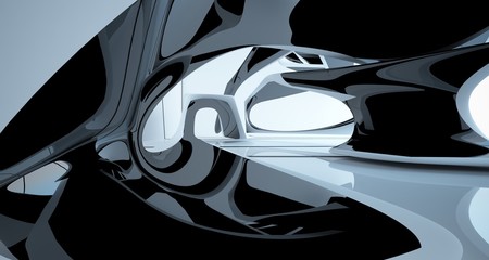 Abstract dynamic interior with black smooth objects. 3D illustration and rendering