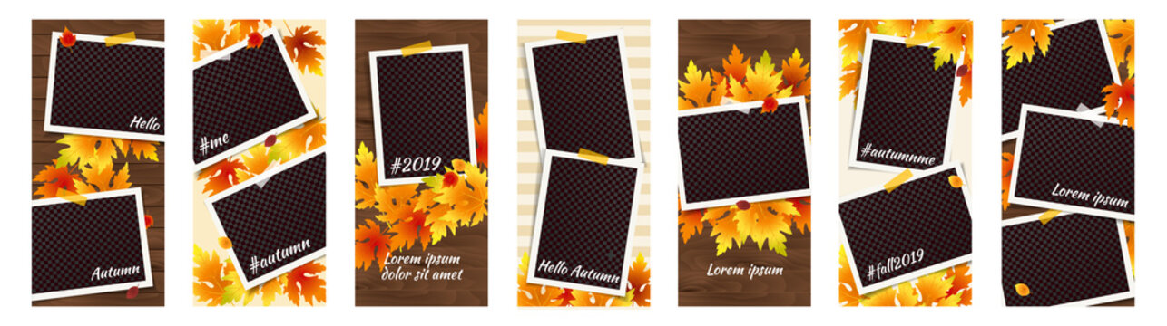 Editable Autumn Social Network Stories Template Set with Photo Frames, Fall Flyers. Vector mock up. Story Thanksgiving Collection. Harvest festival Banners. Fall Party Invitation with falling Leaves