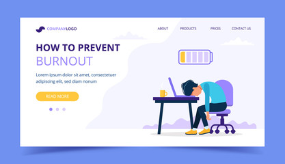 Obraz na płótnie Canvas Burnout landing page with upset frustrated man worker, mental health problems. Vector illustration in flat style