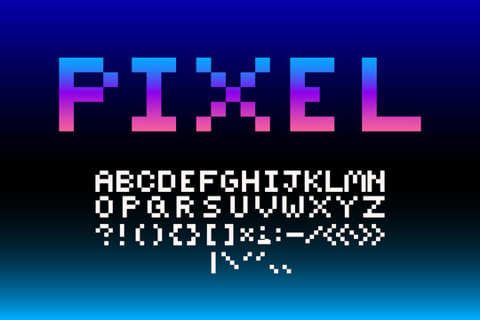 Flat White Set Alphabet And Punctuation Marks In Pixel Art Style On A Dark Blue BG. Period, Comma, Exclamation, Question,  Colon, Semicolon, Quotation, Dash, Hyphen, Parentheses, Brackets, Slash