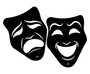 Fototapeta Theatre Masks. Drama and comedy. Illustration for the theater. Tragedy and comedy mask. Black white illustration. Tattoo. obraz