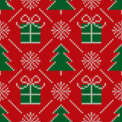 Christmas Seamless Knit Pattern with Holiday Symbols: Christmas Trees, Snowflakes and Present Boxes. Scheme for Knitted Sweater Pattern Design or Cross Stitch Embroidery.