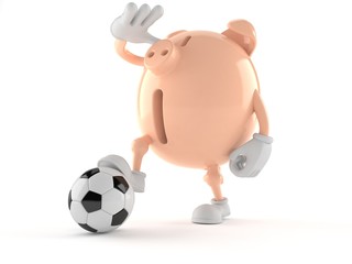 Piggy bank character with soccer ball