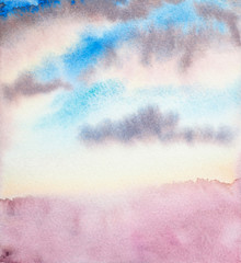 Fantasy evening clouds. Abstract hand painted watercolor texture.