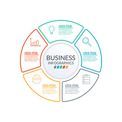 Circle infographic template. Outline Diagram with 5 elements or steps. Workflow, layout template. Business process and presentation concept. Organization chart. Vector illustration.