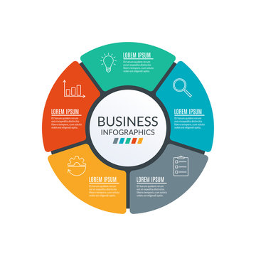 Circle Infographic Template. Diagram With 5 Elements Or Steps. Workflow, Layout Template. Business Process And Presentation Concept. Organization Chart. Vector Illustration.