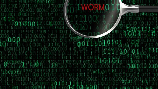 Worm trojan under digital magnifying glass, anti-virus finds malicious code