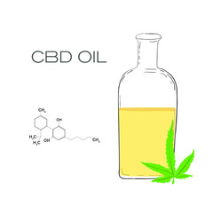 Vector green cannabis oil. CBD Oil hand drawn bottle. Marijuana leaf label. Graphic illustration of cannabinol with formula. medical marijuana cannabis hemp oil in a bottle. Vector illustration 