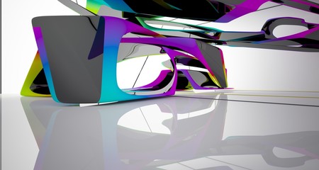 Abstract smooth white and colored gradient  interior multilevel public space with window. 3D illustration and rendering.