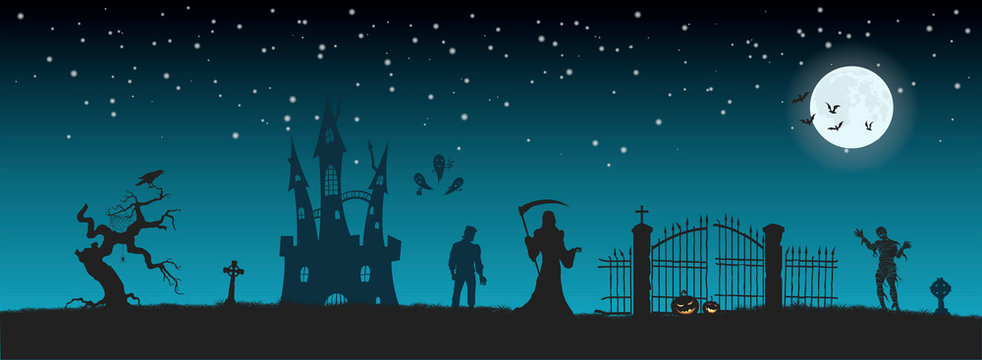 Halloween banner with fantasy silhouettes. Landscape of cemetary with mummy, death and frankenstein. Holiday scene of october party.