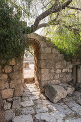 The ruins of a monastery of Byzantine times in the territory of the catholic Christian Transfiguration Church located on Mount Tavor near Nazareth in Israel