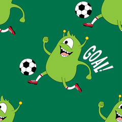Cute kids monster pattern for girls and boys. Colorful football monster on the abstract bright background. The football monster pattern is made in bright colors. Urban pattern for textile and fabric