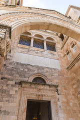 Part of the facade of the catholic Christian Transfiguration Church located on Mount Tavor near...