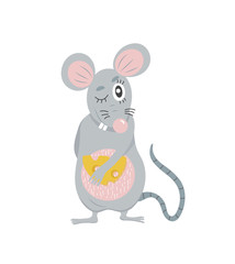 Cute cartoon mouse with cheese. Symbol of 2020 year. Vector illustration