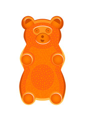 Vector detailed illustration of orange gummy bear or jelly bear. Children's fairytale candy. Childlike bear isolated on a white background. Illustration can be also used as a plush toy for children.