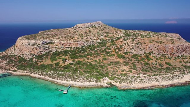 Aerial view on Tigani cape and Balos lagoon with sandy sea beach. Crete, Greece.