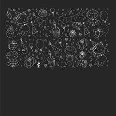 Happy boys and girls. Little kindergarten preschool children. Birthday party celebration. Icons for banners, posters, invitation.