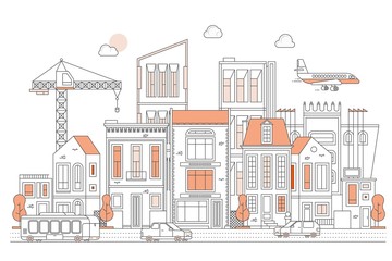 Illustration of urban landscape street with cars, skyline city office buildings, on light background.Thin line style city panorama.