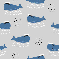 Seamless pattern with cute sperm whale . A Scandinavian-style whale. For printing on fabric, paper, children's clothing.