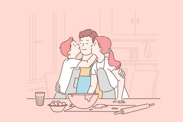 Fathers day, parenthood, childhood concept. Fathers day, parenthood, childhood concept. Little son and daughter kiss and hug their father.