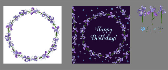 Beautiful card template with violet flowers wreath in the white and dark violet background. Isris flowers and floral elements . Isolated floral wreath. Vector illustration. Template for wedding, invit