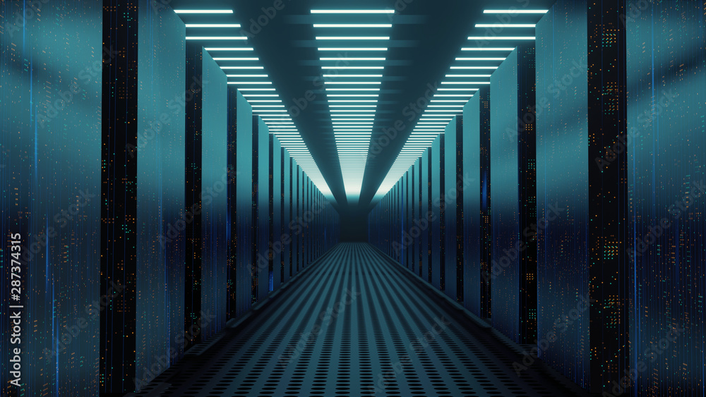 Poster 3d rendering of data center room with abstract data servers and glowing led indicators, abstract net