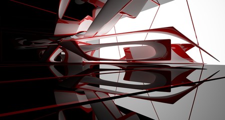 Abstract smooth white and black interior multilevel public space with window. 3D illustration and rendering.