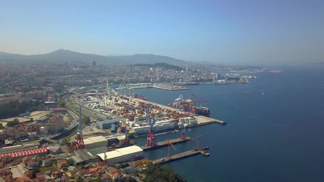 maritime port of goods. Industrial view, Vigo, Galicia, Spain. Estuary.