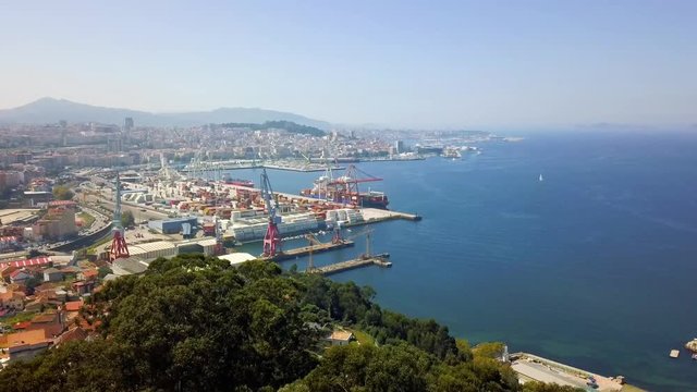 maritime port of goods. Industrial view, Vigo, Galicia, Spain. Estuary.