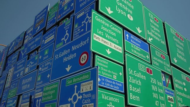 Various road signs in the Swiss Transport Museum, Lucerne, Switzerland