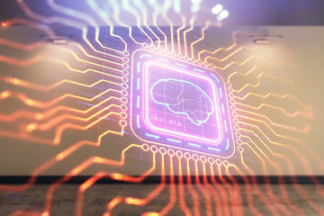 Double exposure of brain drawings hologram on empty room interior background. Data concept.