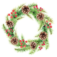 Fototapeta na wymiar Watercolor xmas wreath. New year decoration, christmas design, hand painted, for invitation, greeting card