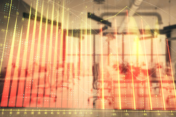 Stock and bond market graph with trading desk bank office interior on background. Multi exposure. Concept of financial analysis