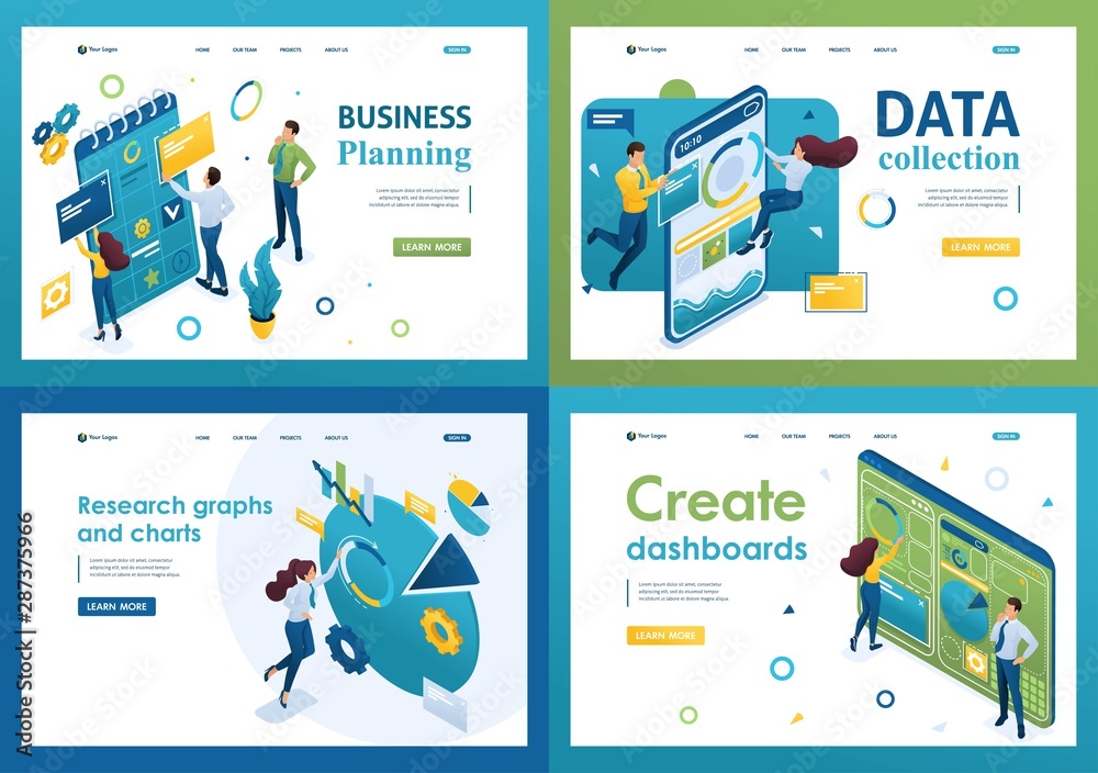 Poster set of isometric concepts.business planning, data collection, create dashboard. for landing page con
