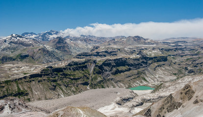 Active volcano, turquoise lake and river, sulphurous fumes in unique white sand desert mountains in Patagonia, Chile. Sunny sky, white mountains. Backpacking, hiking and camping on Condor Circuit 