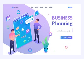 Young people are engaged in drawing up a business plan. Concept of modern technology. 3d isometric. Landing page concepts and web design