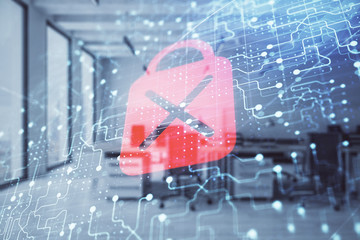 Lock icon drawing with office interior on background. Double exposure. Concept of data security